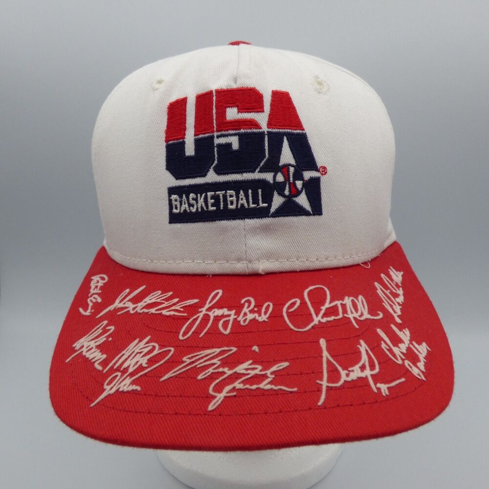 Vintage USA 1992 Basketball Dream Team Signature Red Bill Snapback Hat Cap AJD